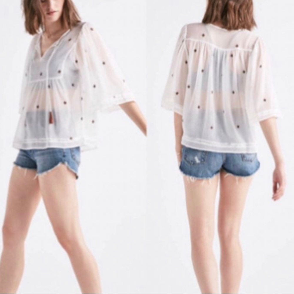 Lucky Brand Sheer Embroidered Boho Top XS